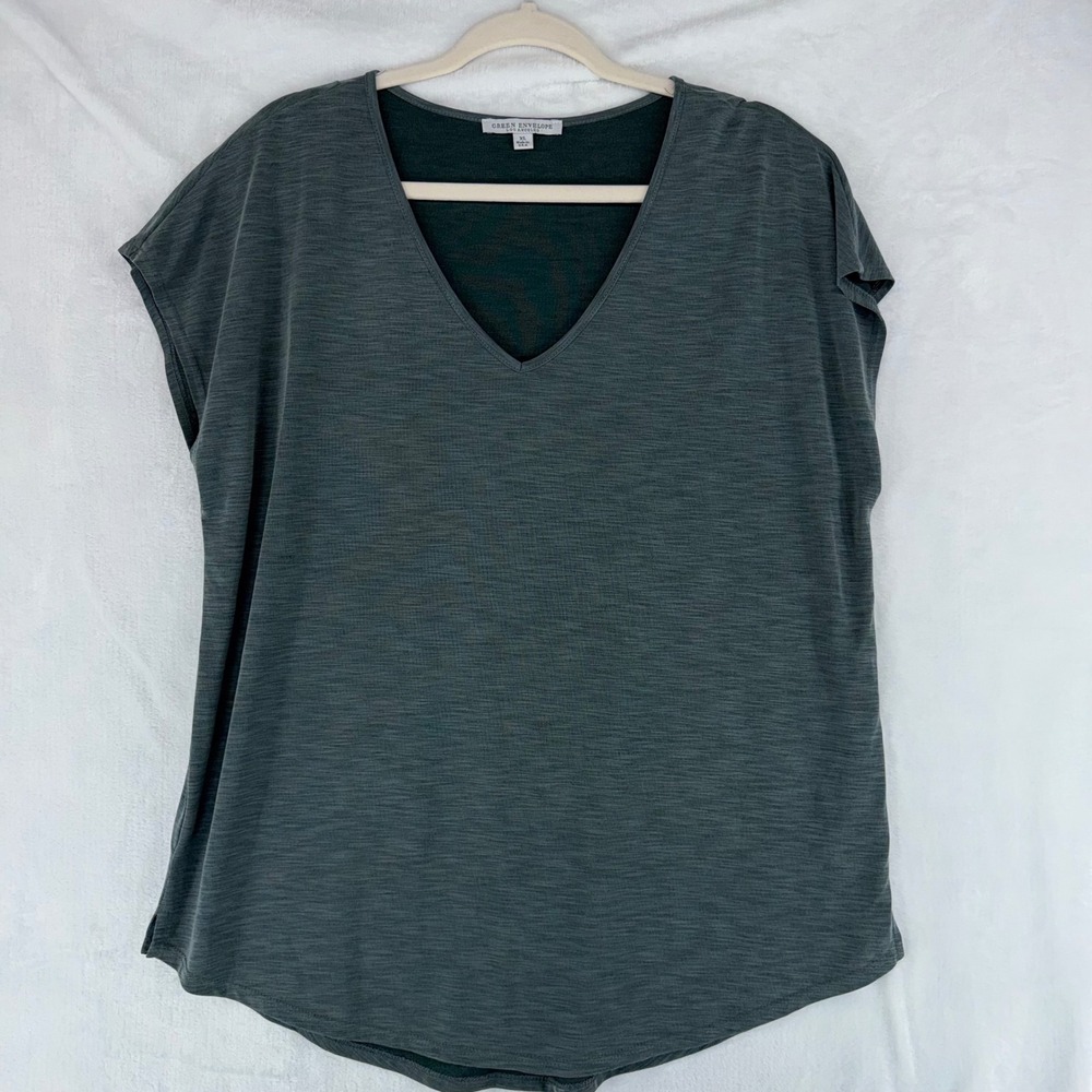 Green Envelope Los Angeles Womens XL V-Neck Cap Sleeve‎ Slub Knit Top Green